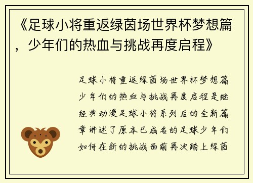 《足球小将重返绿茵场世界杯梦想篇，少年们的热血与挑战再度启程》